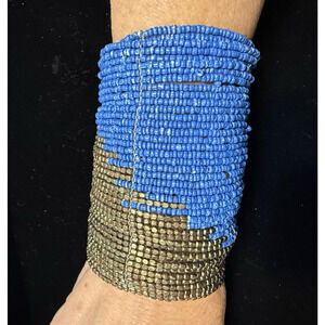 Vintage Blue Bronze Seed Bead Wide Cuff Bracelet Chunky Wired Flexible 3.75"